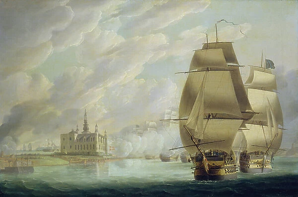 Nelson forcing the passage of the sound, 30 March 1801, prior to the Battle of Copenhagen, 1801-15 (oil on canvas)
