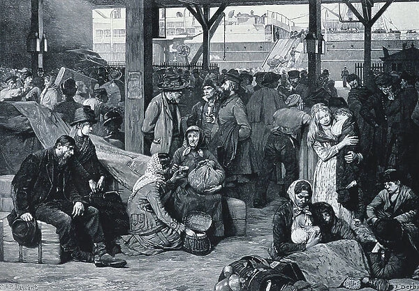 NETHERLANDS. The Hague. Departure of emigrants to America from harbour in The Hague; after an oil by Albert Pierre Darwant. Engraving