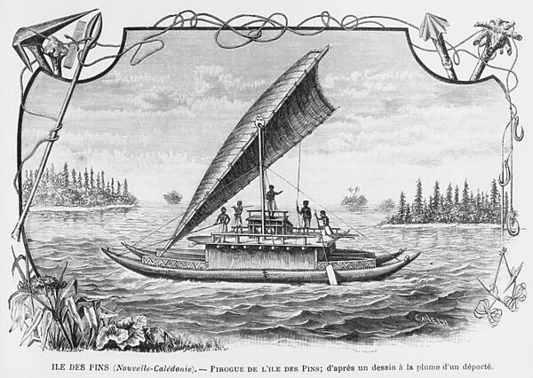 New Caledonia, pirogue of the Isle of Pines, after a pen and ink drawing of a deportee