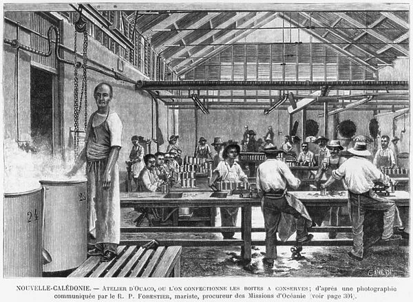 New Caledonia, workshop at Ouaco, making tins, after a photography given by the Marist