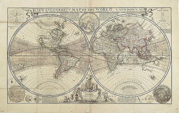 A new and correct map of the world, laid down according to the newest discoveries, and from the most exact observations, by Herman Moll, Geographer, 1709 (engraving, paper)