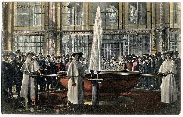 New fountain in Karlsbad, Czech Republic, c.1914. (postcard)
