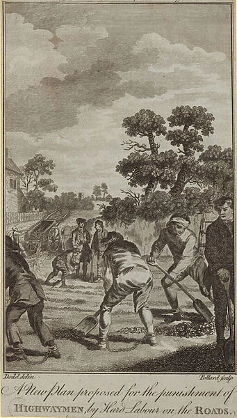 A new plan proposed for the punishment of highwaymen by hard labour on the roads (engraving)