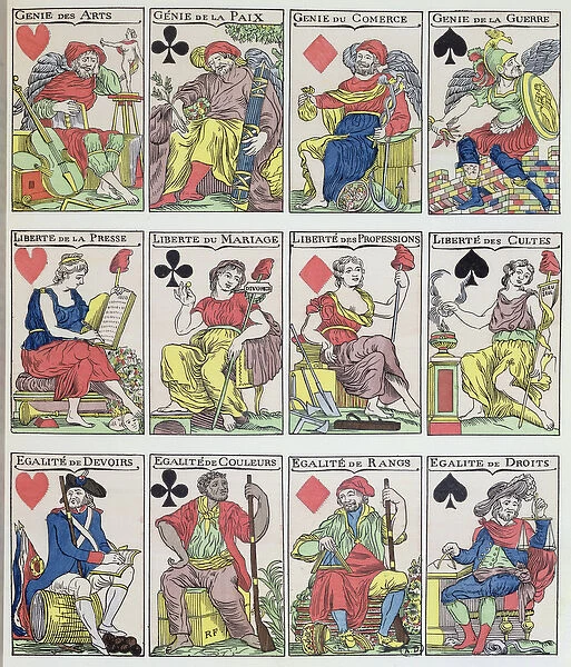New Playing card designs dating from the French Revolution, 1793 (coloured engraving)