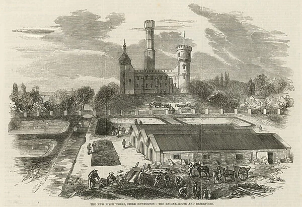 The new river works, Stoke Newington: The engine house and reservoirs (engraving)