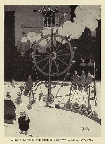 A new snow-plough for clearing a footpath after a heavy fall (litho)