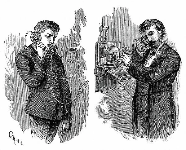 New York telephone subscriber making call through operator at telephone exchange. Apparatus in picture used an Edison transmitter and a pony-crown receiver (being held to subscriber's ear on right). Wood engraving, Paris, 1883
