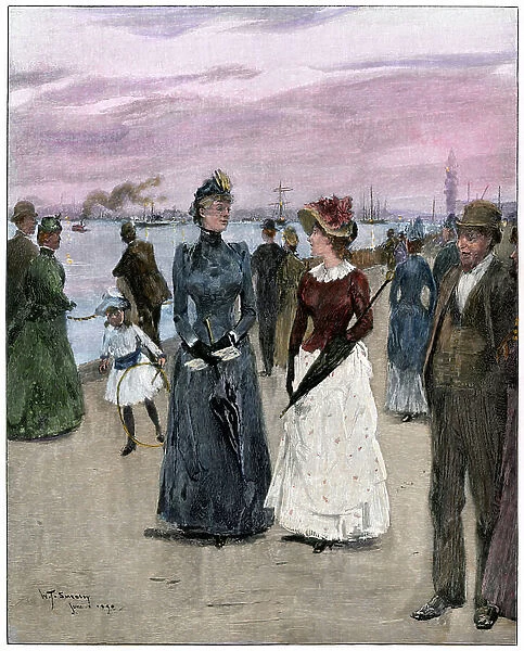 New Yorkers enjoying a summer evening on the Battery, 1890 - Hand-colored woodcut of a 19th-century illustration