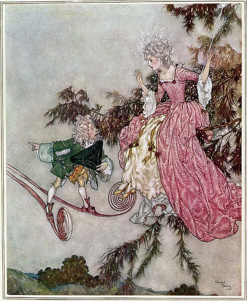 But news of it was brought to her by a little dwarf who owned a pair of 7-league boots, illustration from The Sleeping Beauty, pub. in 1910 (colour litho)