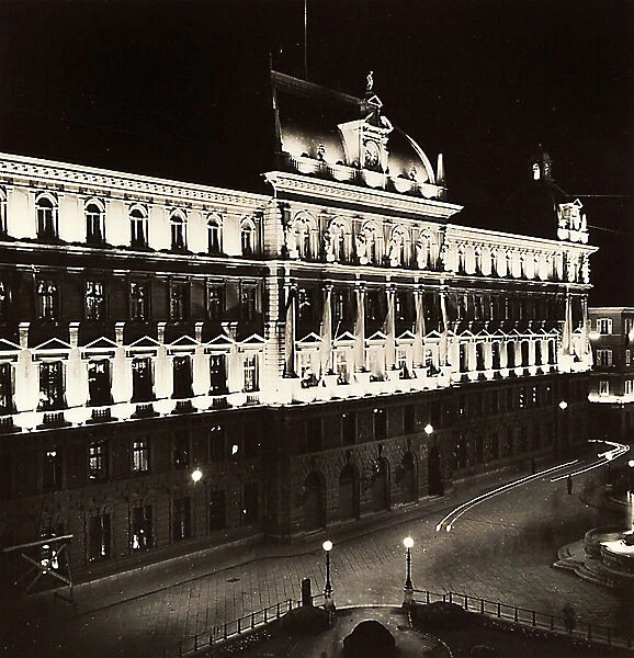 Night view of the Post Office Building in Piazza Vittorio Veneto, in Trieste