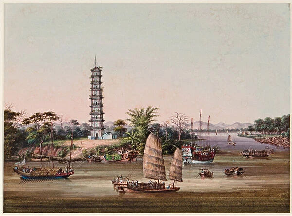 The nine-storey Whampoa Pagoda, Pearl River (bodycolour on paper)