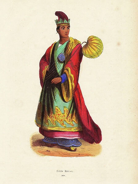 Noble Burmese (Myanmar) - Burmese nobleman in embroidered robes, hat, and slippers. Handcoloured woodcut from ' Moeurs, Uses et Costumes de tous les Peuples du Monde, Asie, ' by Auguste Wahlen