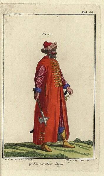 A nobleman from Hungary. Handcolored copperplate engraving from Robert von Spalart's ' Historical Picture of the Costumes of the Peoples of Antiquity, the Middle Ages and the New Era, ' written by Leopold Ziegelhauser, Vienna, 1837
