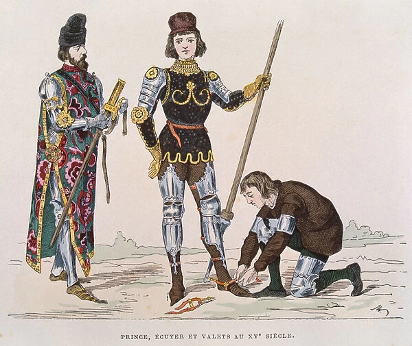 Nobleman with his squire and servant in Europe of the 15th century (colour litho)