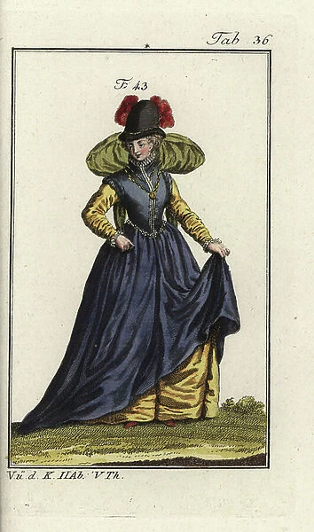 Noblewoman of Burgundy, 1577. Handcolored copperplate engraving from Robert von Spalart's ' Historical Picture of the Costumes of the Principal People of Antiquity and of the Middle Ages, ' Vienna, 1811