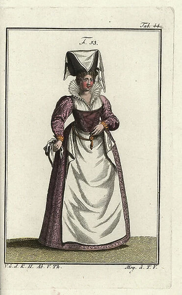 Noblewoman of Lorraine, wearing an eccentric high headdress of linen. Illustration from Cesare Vecellio's Habiti Antichi e moderni, Venice, 1590. Handcolored copperplate engraving from Robert von Spalart's ' Historical Picture of the Costumes of