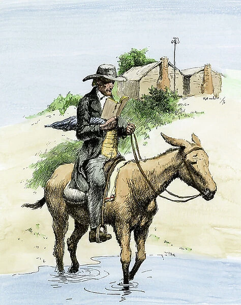 A nomadic preacher riding on a mule from camp to camp. Colour engraving of the 19th century