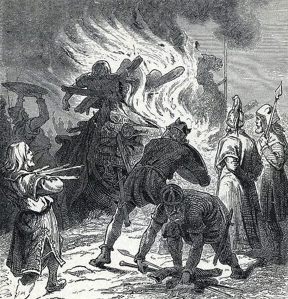 Nordic mythology: King Sigurd Hring burns the body of Harald Hildetand after the Battle of Bravellir (Norse mythology: Following the Battle of the Bravellir Sigurd Hring let burn the dead body of Harald Wartooth)