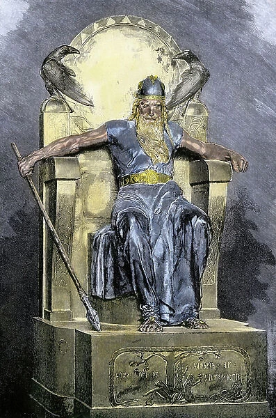Nordic mythology: representation of the deity Wotan (Odin). Colour engraving of the 19th century