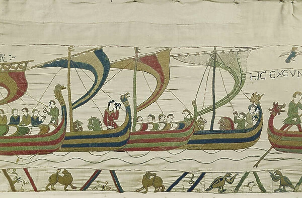 The Norman invasion fleet crosses the channel, Bayeux Tapestry (wool embroidery on linen)