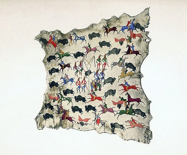 North American Indian painting, early 20th century. Painting on moose skin by Shoshone, Katsikodi, showing Buffalo hunt. In centre Shoshone perform Sun Dance