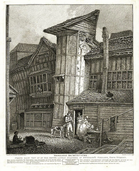 North-east view of an old 15th-century Tudor house in Sweedon's Passage, Grub Street, 1791. Formerly inhabited by Sir Richard Whittington and Sir Thomas Gresham. Rebuilt 1805