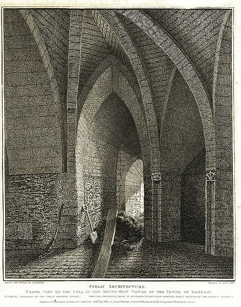 North view of the cell in the Southwest Tower of the Tower of London, 1803. Early Pointed Style. Copperplate engraving drawn and etched by John Thomas Smith from his Topography of London, 1811