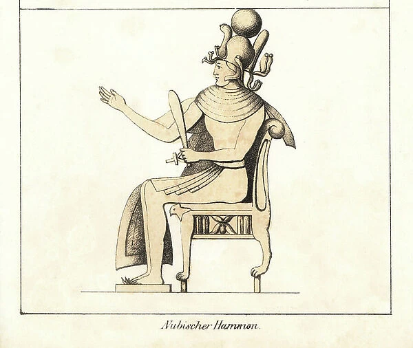 Nubian statue (Sudan) of the god Amon, sitting on a chair and holding Ankh, the cross of life and a sceptre. Lithography for the book: ' Galerie complete en tableaux fideles des peuples d'Afrique' by Friedrich Wilhelm Goedsche (1785-1863)