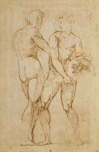 Two Nude Men Standing, one holding a lamb (ink on paper)