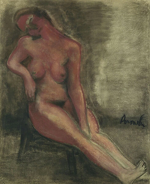 Nude Redhead Sitting on a Chair; Nu Rouge Assis sur une Chaise, (pastel and charcoal on paper)
