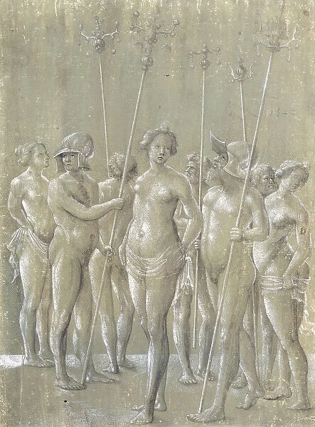 Five Nude Soldiers Holding Poles, Two Wearing a Helmet, and Three Nude Women