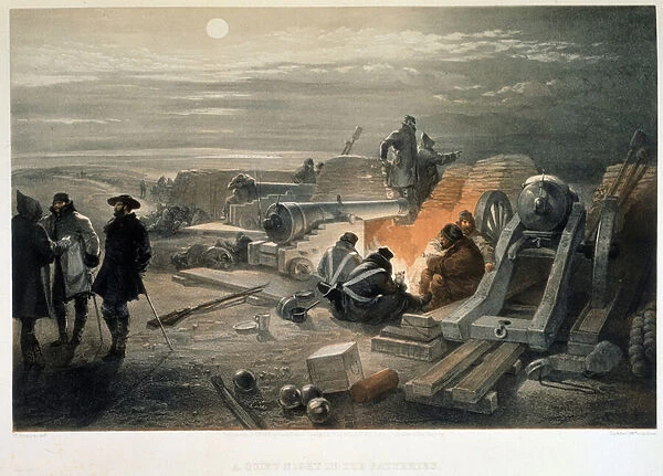 Nuit calme dans la batterie d artillerie (A quiet night in the batteries). Vue d un camp militair pendant le siege de Sebastopol durant la guerre de Crimee. Dessin de William Simpson (1832-1898)