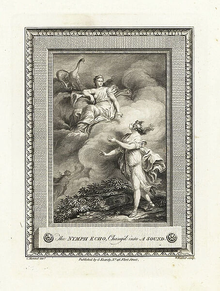 The nymph Eco transformed into a sound by Hera - The nymph Echo changed into a sound by Hera. Copperplate engraving by W. Walker after an illustration by C. Monnet from The Copper Plate Magazine or Monthly Treasure, G. Kearsley, London, 1778