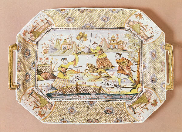 Octagonal dish with a chinese pattern of a lion hunt, c. 1730 (ceramic)