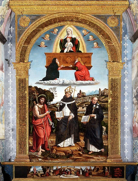 Odigitria Madonna with Saints John the Baptist, Antoninus of Florence and Nicola da Tolentino, signed and dated, 1526 (painting on board)