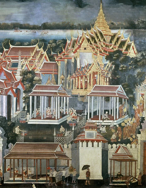 Offerings made to monks in the Temple of the Emerald Buddha, 1864 (wall painting)