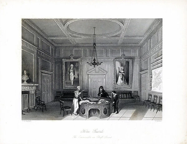 An officer's widow in mourning dress presents her son to the Commander in Chief for admission to a military school at Horse Guards. Steel engraving by T