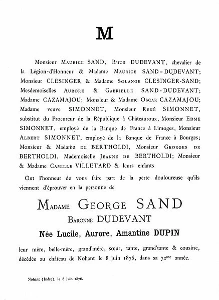 Official advertisement of death of George Sand, French writer, 1876