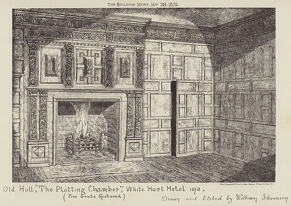 Old Hull, The Plotting Chamber, White Hart Hotel 1873, Fire Grate restored (engraving)