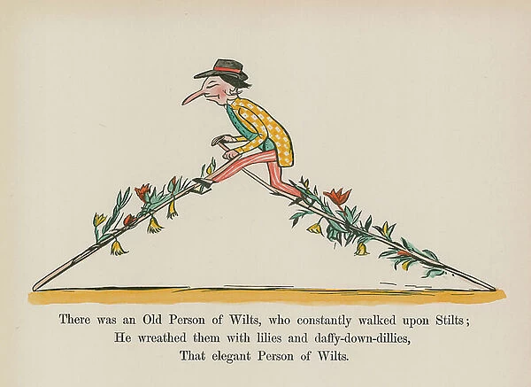 There was an Old Person of Wilts, who constantly walked upon Stilts (coloured engraving)