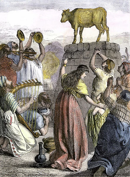 Old Testament: Adoration of the golden calf by the Israelites in the time of Moses. Colouring engraving of the 19th century