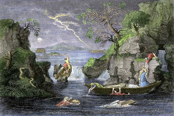 Old Testament: People trying to escape from the deluge that comes upon them. Colour engraving of the 19th century
