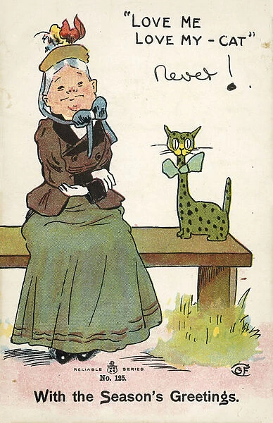Old woman and strange cat sitting on bench (colour litho)