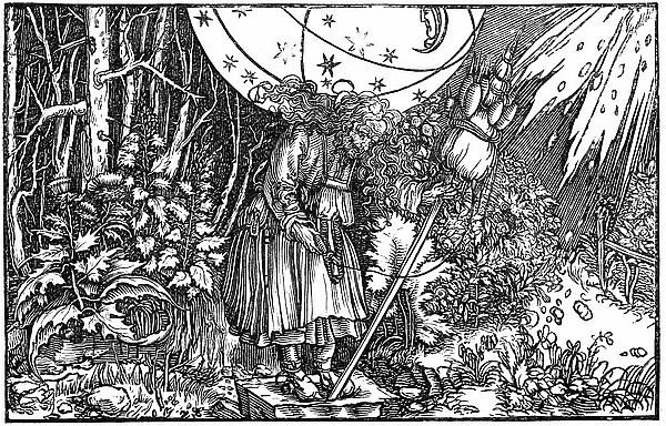 Old woman (witch or fairy) spinning, 1547 (engraving)