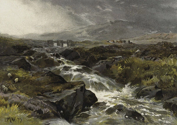 'On the Llugny, North Wales'(colour litho)