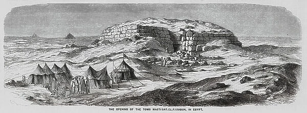 Opening of the Mastabat al-Fir'aun tomb, Egypt (engraving)