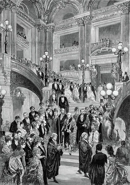 Opening of the Palais Garnier (Opera de Paris) on january 5, 1875 : staircase, engraving