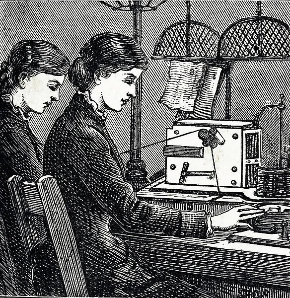 Operators receiving a message on a Morse telegraph