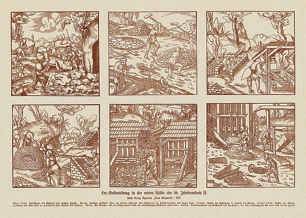 Ore processing in the first half of the 16th century (engraving)