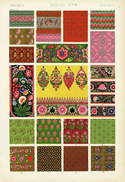 Ornaments from embroidered and woven fabrics, paintings on vases, exhibited at the Indian Collection, 1851. Chromolithograph by Francis Bedford from Owen Jones The Grammar of Ornament, Quaritch, London, 1868